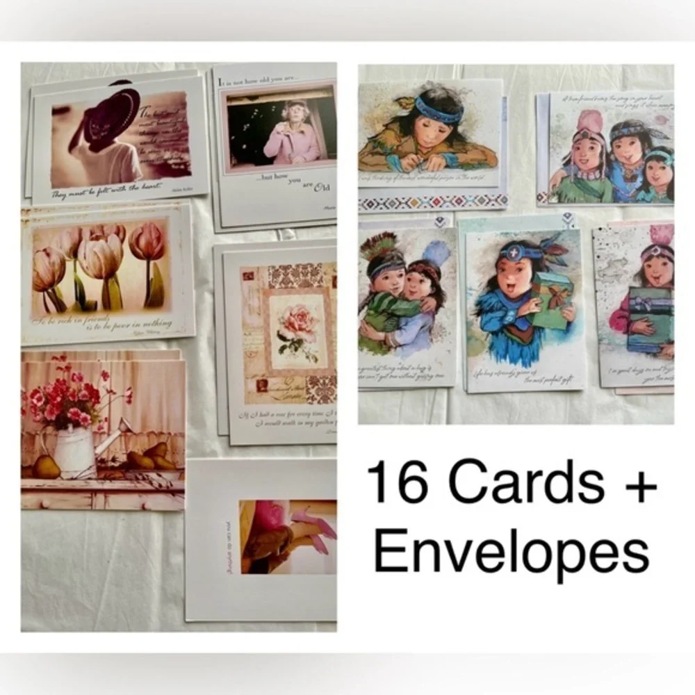 New! 16 Cards + Envelopes Variety Indians Flowers 11 Blank 5 with Messages